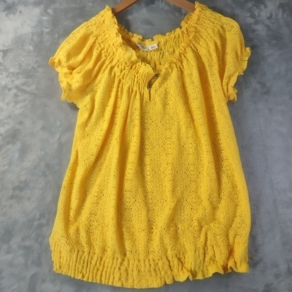 Cato Woman Plus Peasant Top 18 20W Yellow Eyelet Lace Smocked Boho‎ Cottagecore
